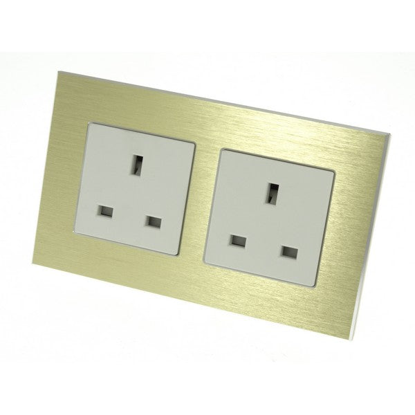I LumoS Gold Unswitched Brushed Aluminium UK 13A Wall Plug Double Socket