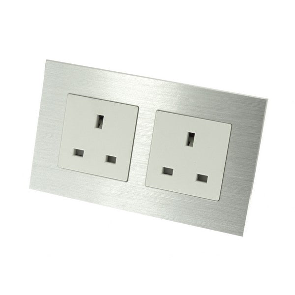 I LumoS Silver Unswitched Brushed Aluminium UK 13A Wall Plug Double Socket
