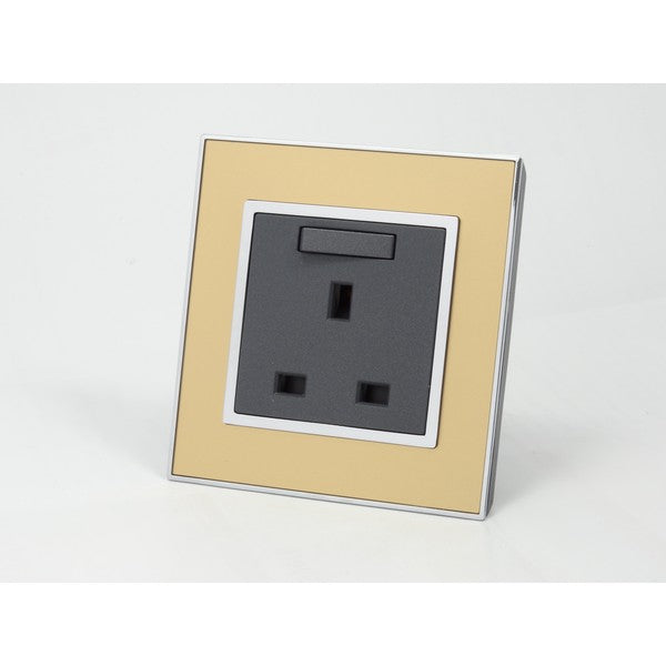 Gold Mirror Glass Single Frame with dark grey insert of switched uk socket