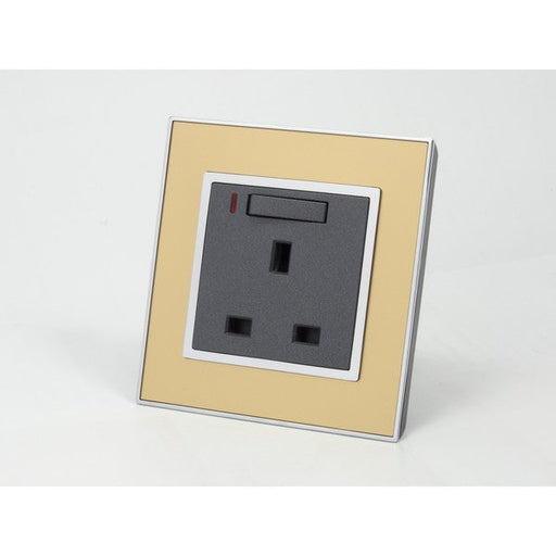 Gold Mirror Glass Single Frame with dark grey insert of neon switched uk socket