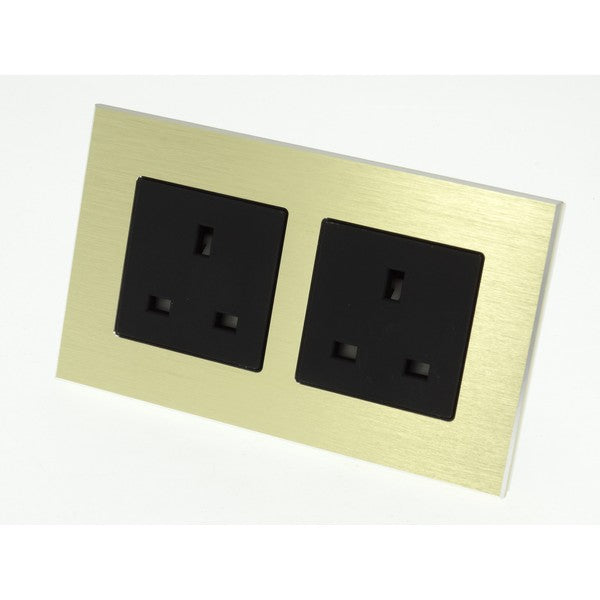 I LumoS Gold Unswitched Brushed Aluminium UK 13A Wall Plug Double Socket