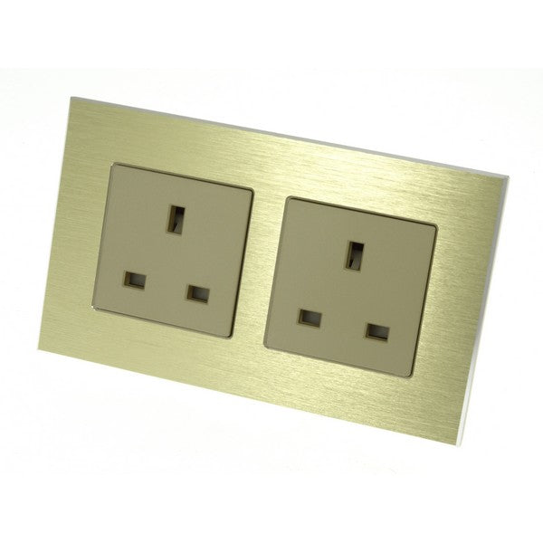 I LumoS Gold Unswitched Brushed Aluminium UK 13A Wall Plug Double Socket