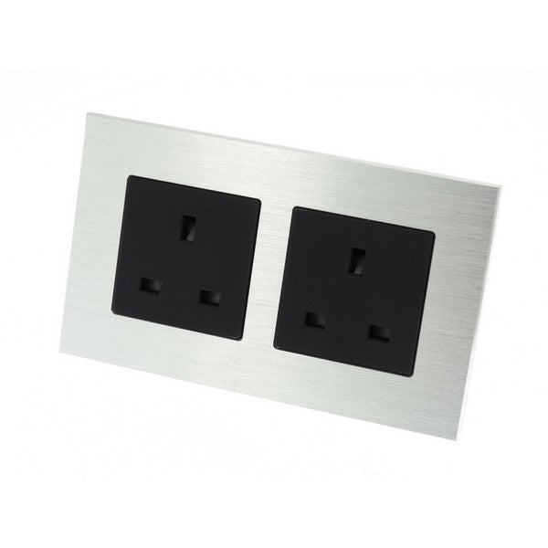 I LumoS Silver Unswitched Brushed Aluminium UK 13A Wall Plug Double Socket