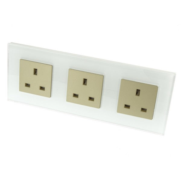 I LumoS Luxury Unswitched White Glass Frame UK 13A Wall Plug Triple Socket